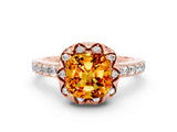 Rose gold Cushion Cut Citrine Scalloped Halo Engagement Ring with Round Shared Prong Band_24