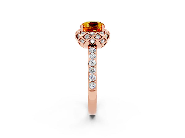 Rose gold Cushion Cut Citrine Scalloped Halo Engagement Ring with Round Shared Prong Band