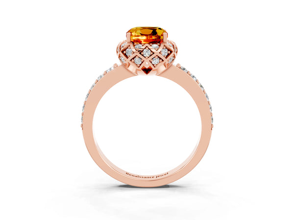 Rose gold Cushion Cut Citrine Scalloped Halo Engagement Ring with Round Shared Prong Band