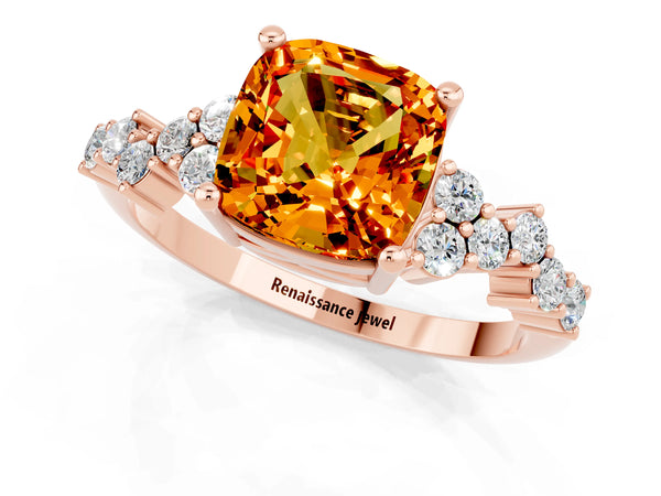 Rose gold Cushion Cut Citrine Scattered Round Accent Ring with Prong Setting