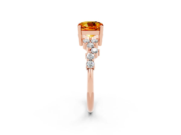 Rose gold Cushion Cut Citrine Scattered Round Accent Ring with Prong Setting