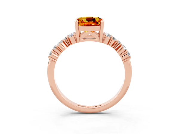 Rose gold Cushion Cut Citrine Scattered Round Accent Ring with Prong Setting