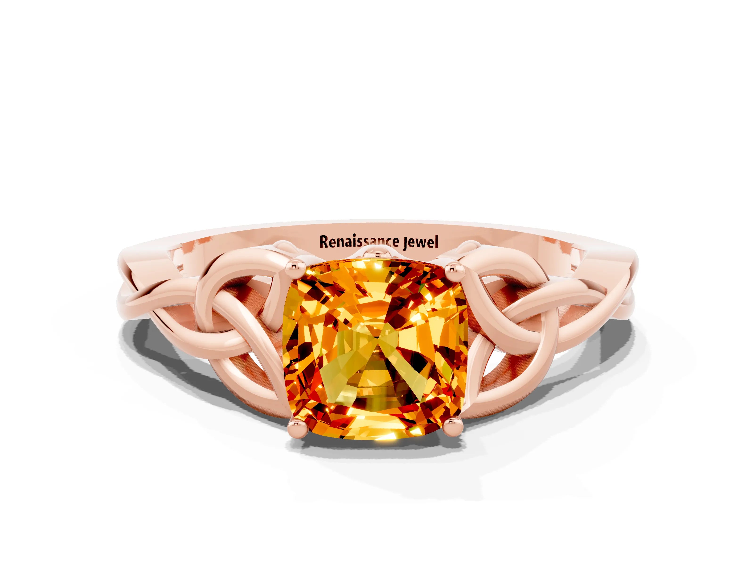 Rose gold Cushion Cut Citrine Solitaire Celtic Knot Ring with Four-Prong Setting_12