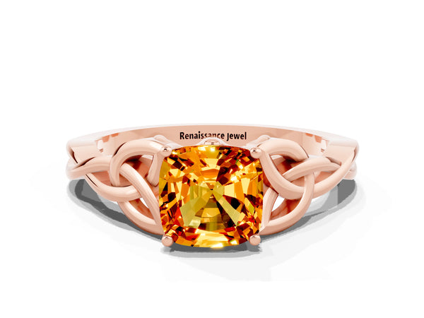 Rose gold Cushion Cut Citrine Solitaire Celtic Knot Ring with Four-Prong Setting