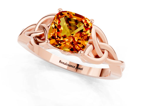 Rose gold Cushion Cut Citrine Solitaire Celtic Knot Ring with Four-Prong Setting_13