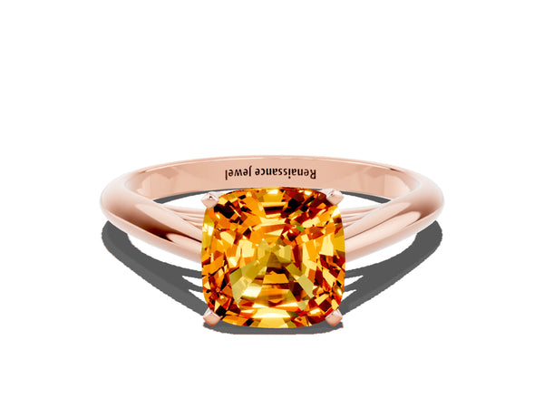 Rose gold Cushion Cut Citrine Solitaire Engagement Ring with Cathedral Setting and Four-Prong Mount