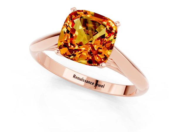 Rose gold Cushion Cut Citrine Solitaire Engagement Ring with Cathedral Setting and Four-Prong Mount