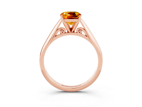 Rose gold Cushion Cut Citrine Solitaire Engagement Ring with Cathedral Setting and Four-Prong Mount