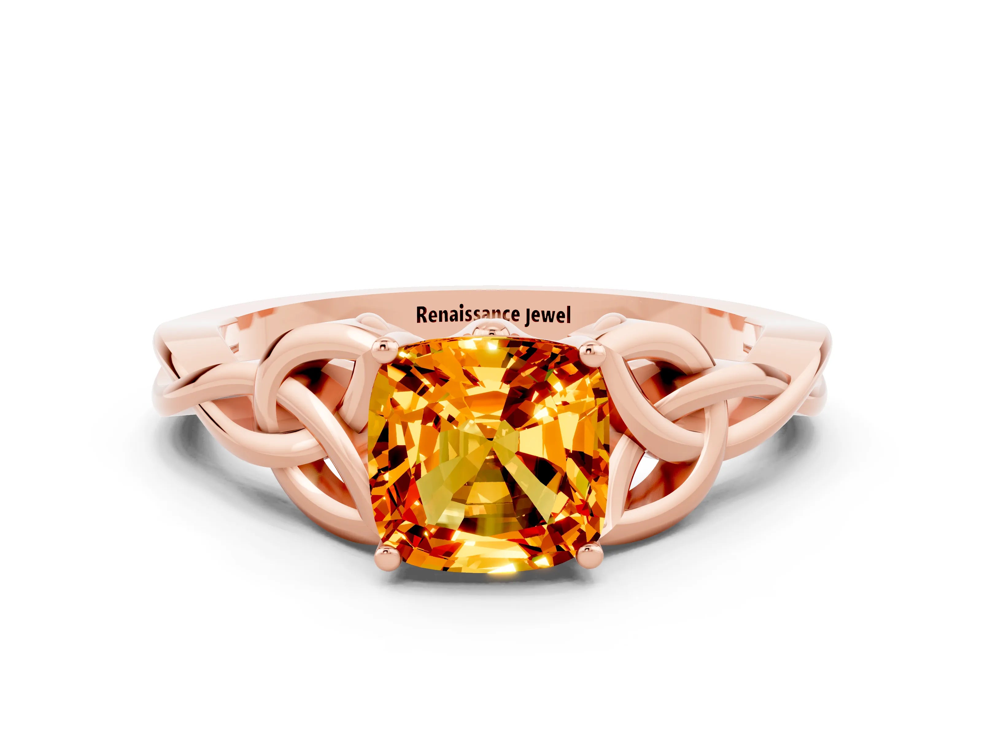 Rose gold Cushion Cut Citrine Solitaire Engagement Ring with Celtic Knot Band and Four-Prong Setting