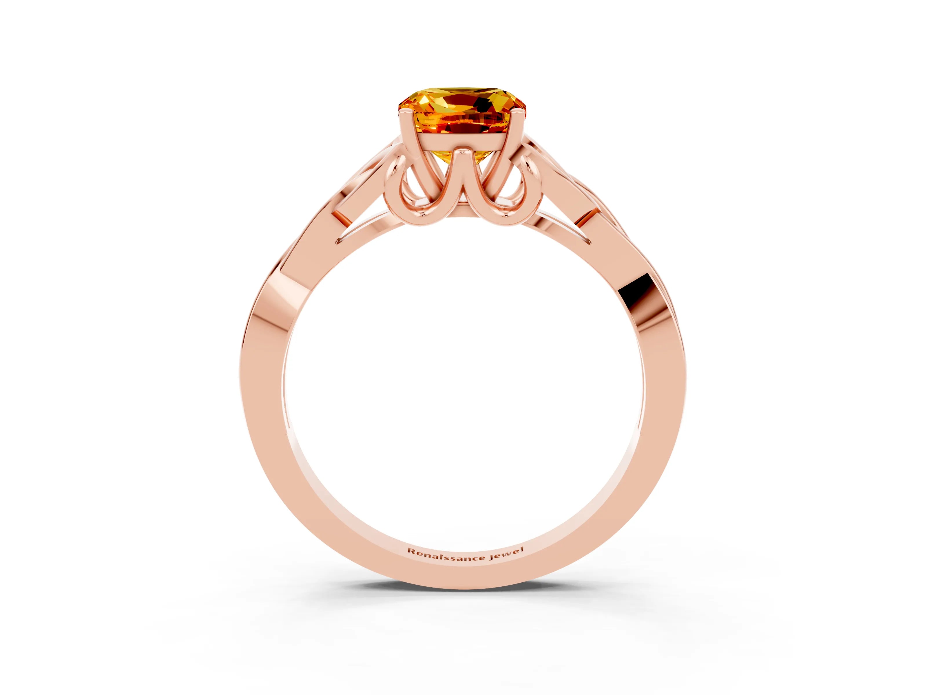 Rose gold Cushion Cut Citrine Solitaire Engagement Ring with Celtic Knot Band and Four-Prong Setting_3