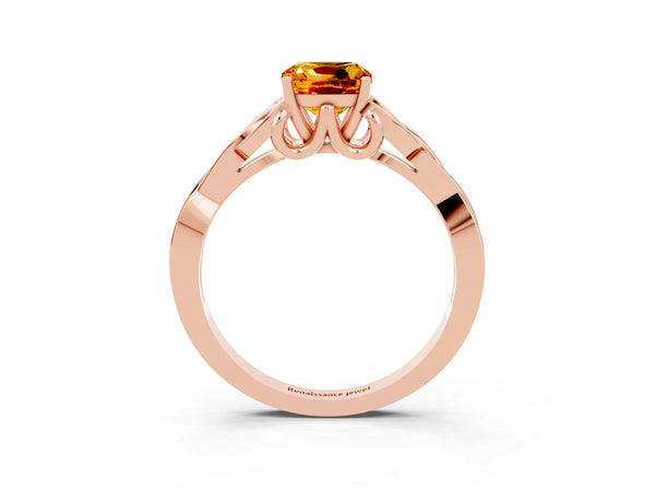 Rose gold Cushion Cut Citrine Solitaire Engagement Ring with Celtic Knot Band and Four-Prong Setting