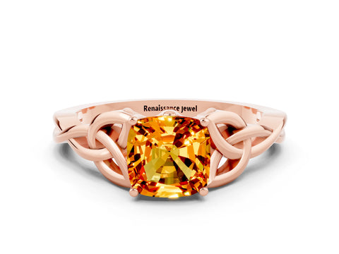 Rose gold Cushion Cut Citrine Solitaire Engagement Ring with Celtic Knot Band and Four-Prong Setting