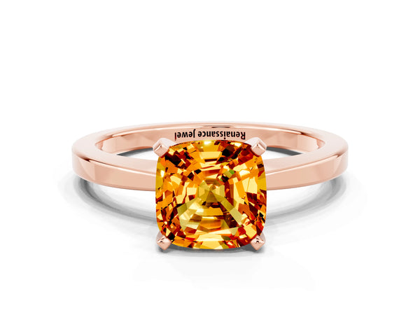 Rose gold Cushion Cut Citrine Solitaire Engagement Ring with Classic Band and Four-Prong Setting