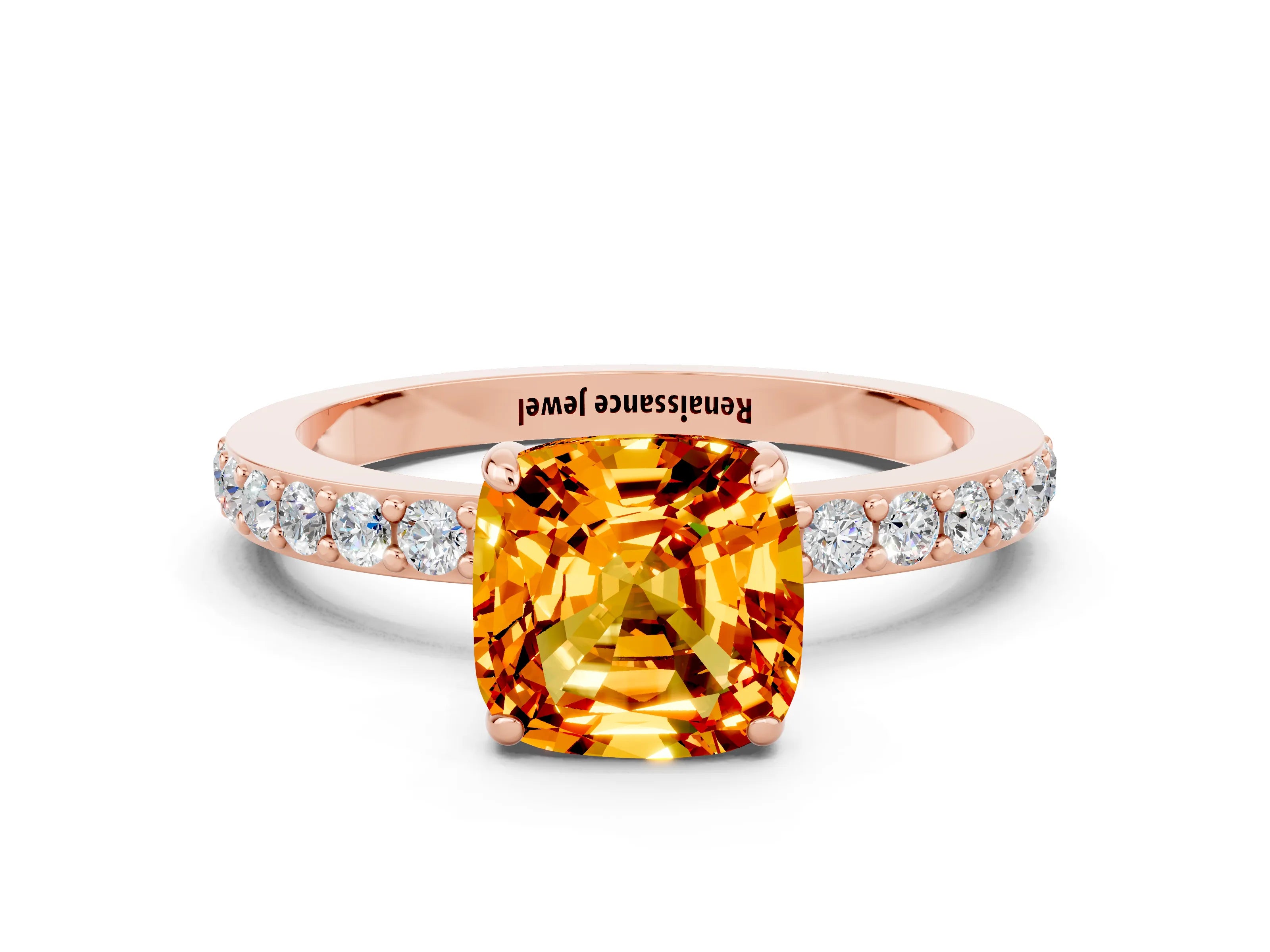 Rose gold Cushion Cut Citrine Solitaire Engagement Ring with Pavé Band and Four-Prong Setting