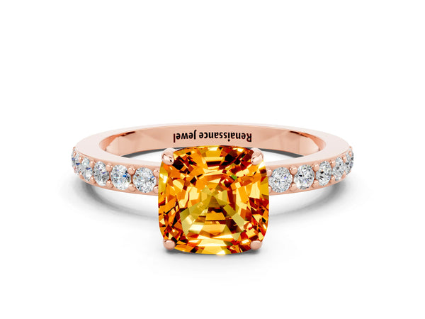 Rose gold Cushion Cut Citrine Solitaire Engagement Ring with Pavé Band and Four-Prong Setting