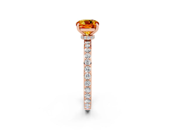Rose gold Cushion Cut Citrine Solitaire Engagement Ring with Pavé Band and Four-Prong Setting