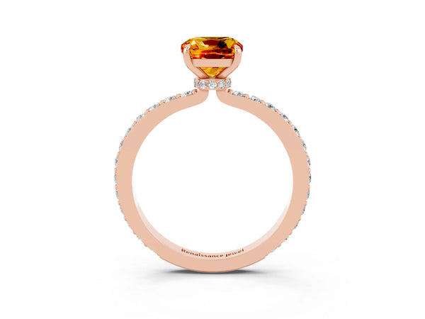 Rose gold Cushion Cut Citrine Solitaire Engagement Ring with Pavé Band and Four-Prong Setting