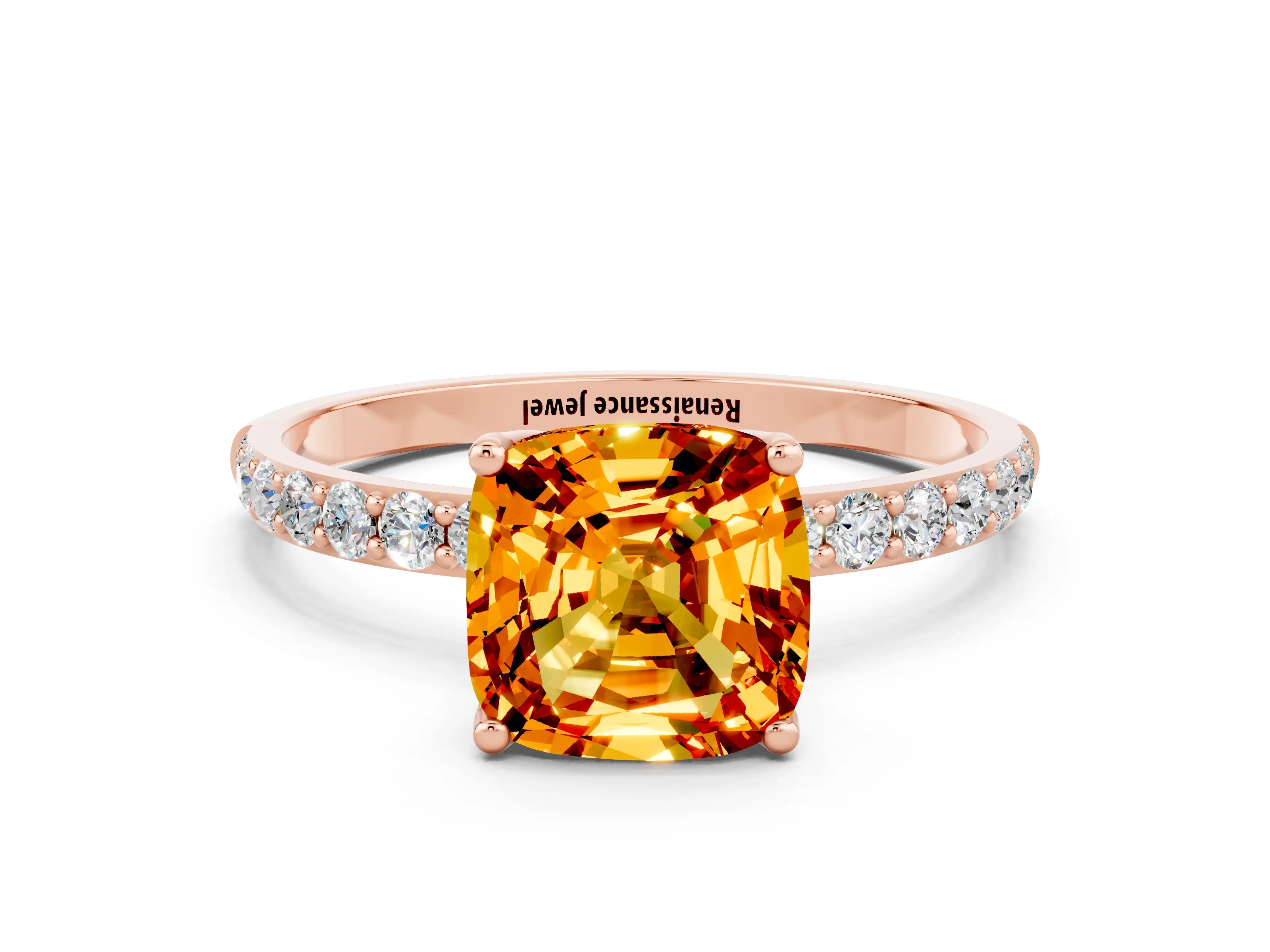 Rose gold Cushion Cut Citrine Solitaire Engagement Ring with Pavé Band and Prong Setting