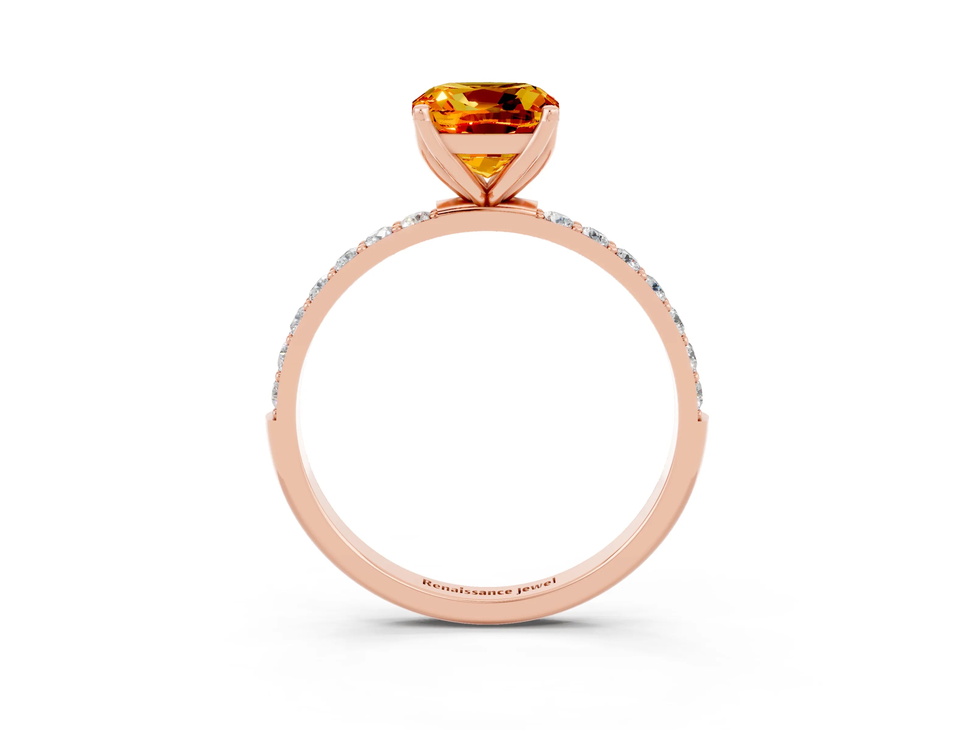 Rose gold Cushion Cut Citrine Solitaire Engagement Ring with Pavé Band and Prong Setting_3