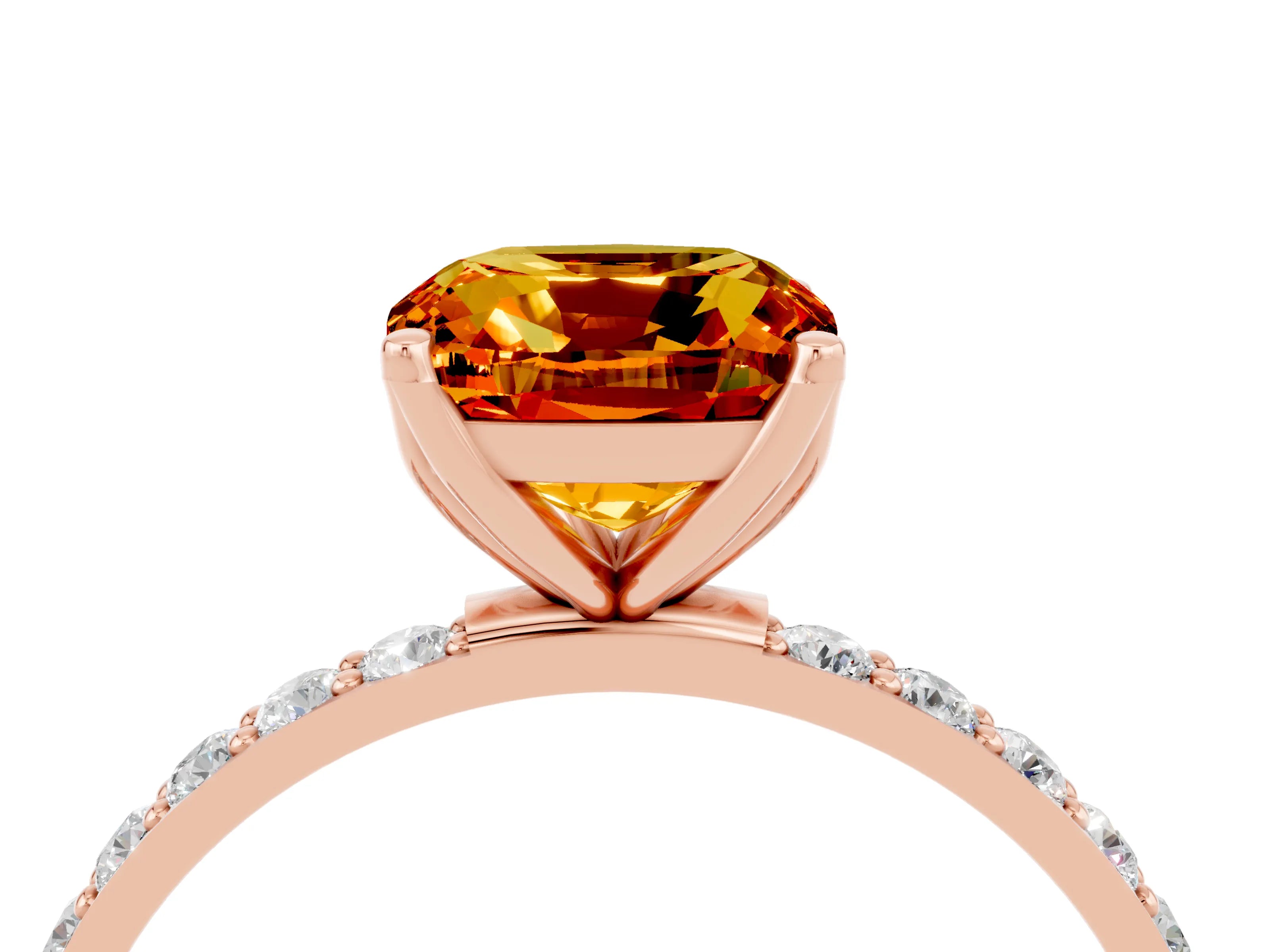 Rose gold Cushion Cut Citrine Solitaire Engagement Ring with Pavé Band and Prong Setting_4