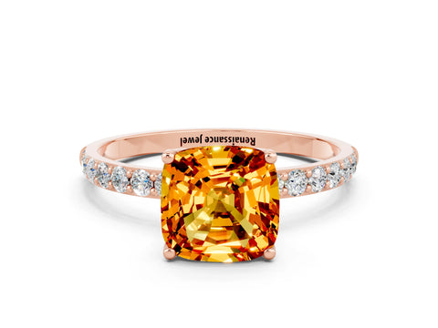 Rose gold Cushion Cut Citrine Solitaire Engagement Ring with Pavé Band and Prong Setting