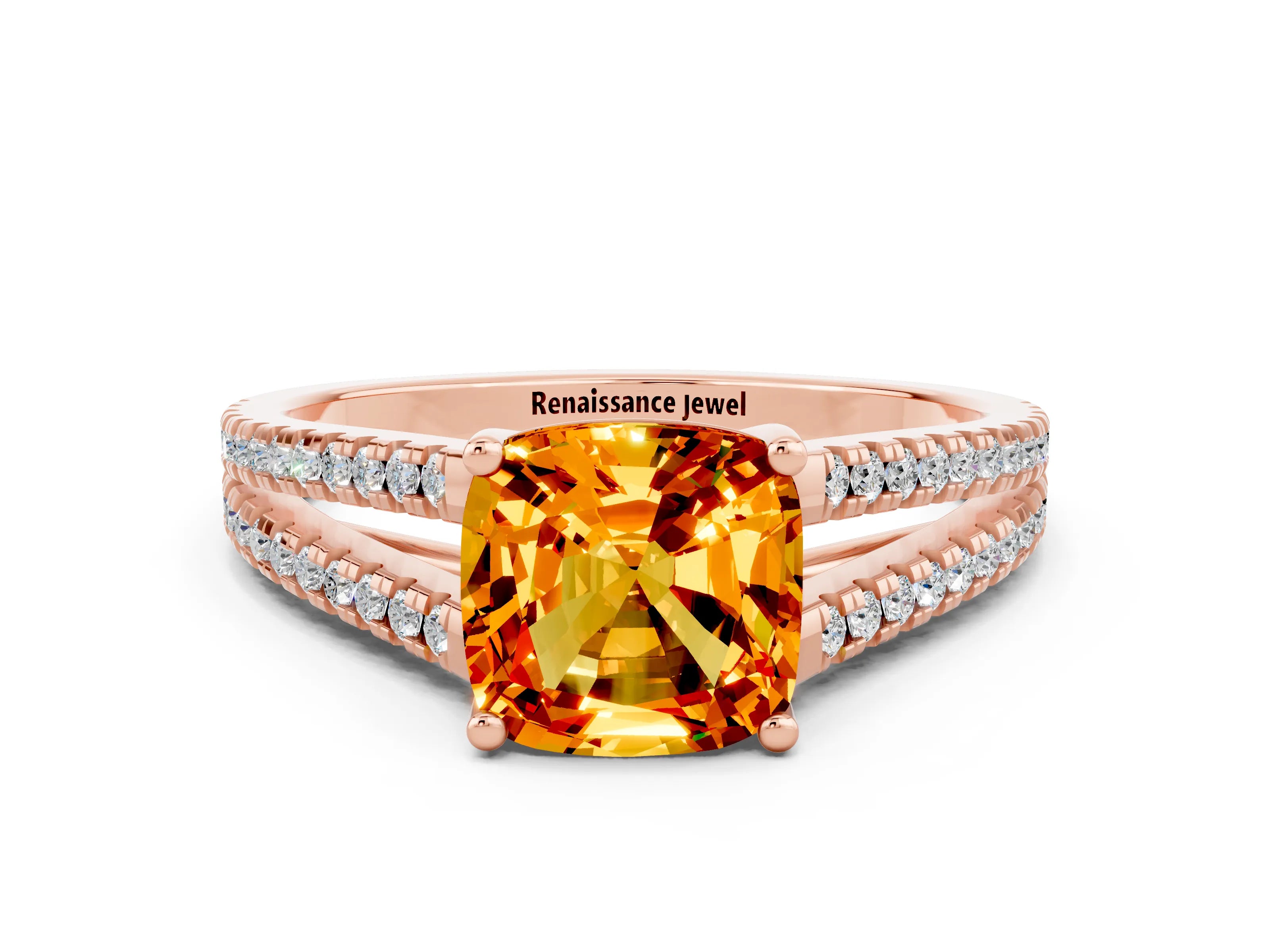 Rose gold Cushion Cut Citrine Solitaire Engagement Ring with Split Shank Pavé Band