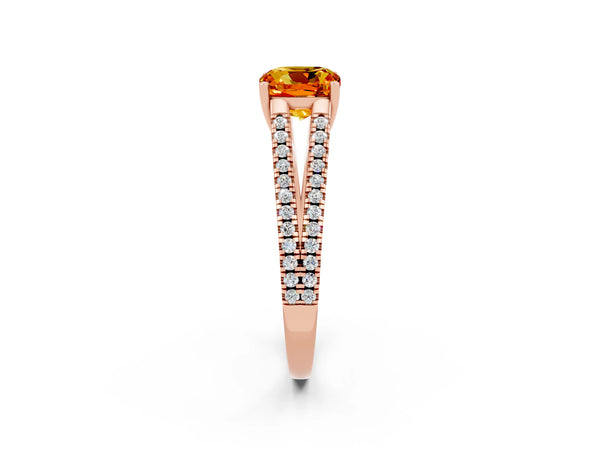 Rose gold Cushion Cut Citrine Solitaire Engagement Ring with Split Shank Pavé Band