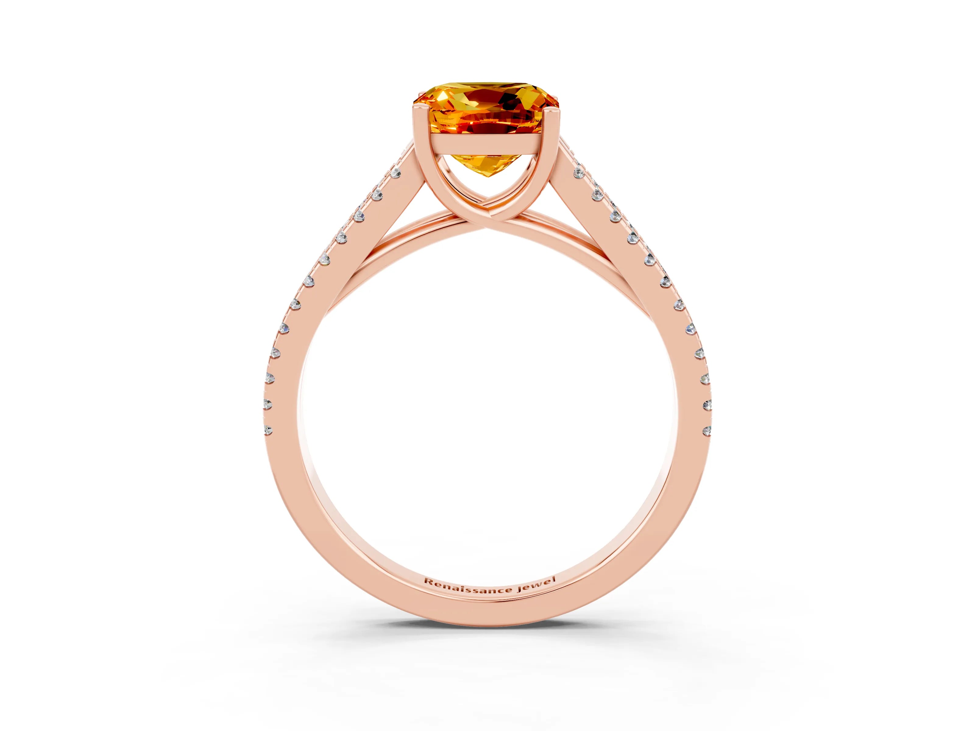 Rose gold Cushion Cut Citrine Solitaire Engagement Ring with Split Shank Pavé Band_3