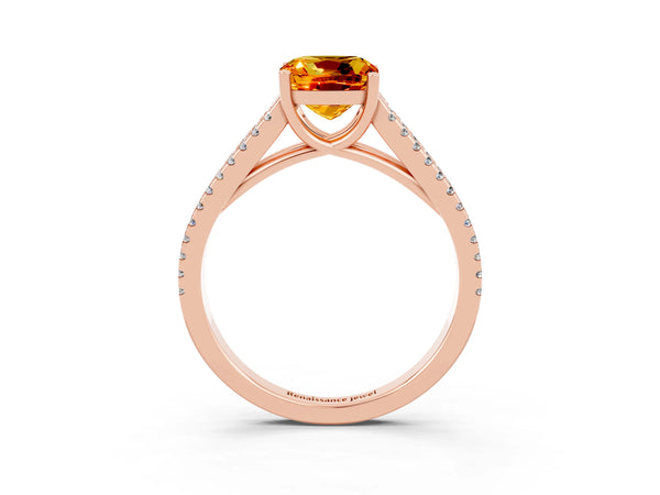 Rose gold Cushion Cut Citrine Solitaire Engagement Ring with Split Shank Pavé Band