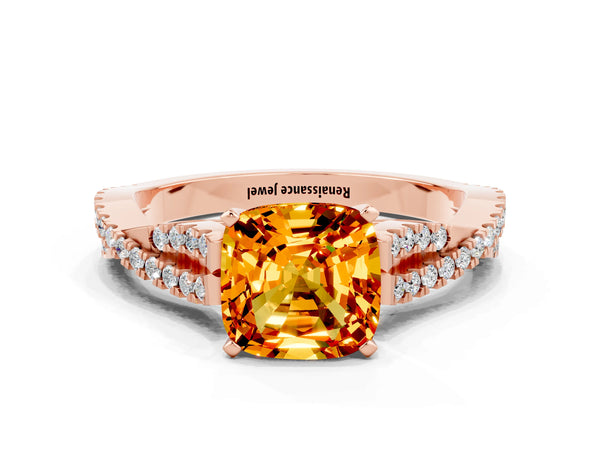 Rose gold Cushion Cut Citrine Solitaire Engagement Ring with Twisted Pavé Band and Four-Prong Setting