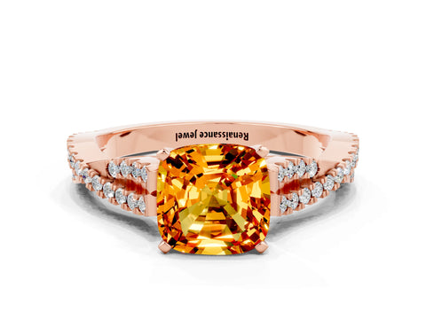 Rose gold Cushion Cut Citrine Solitaire Engagement Ring with Twisted Pavé Band and Four-Prong Setting_12
