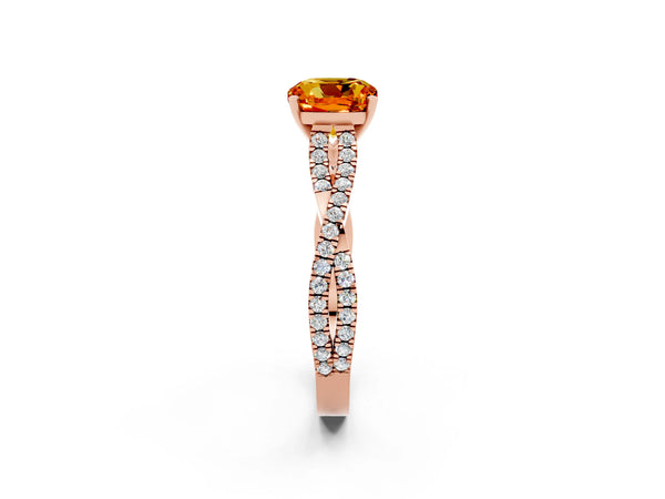 Rose gold Cushion Cut Citrine Solitaire Engagement Ring with Twisted Pavé Band and Four-Prong Setting