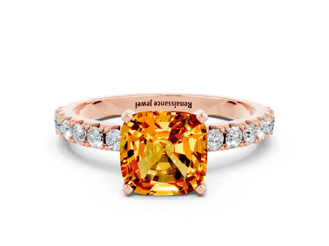 Rose gold Cushion Cut Citrine Solitaire Pavé Band with Four-Prong Setting