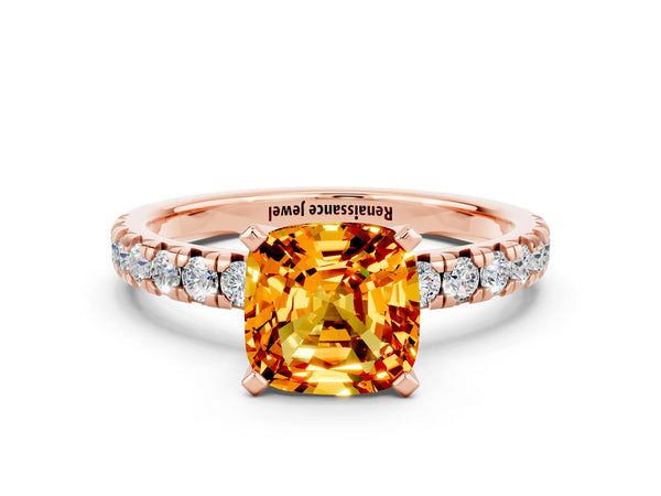 Rose gold Cushion Cut Citrine Solitaire Pavé Engagement Ring with Round Band and Prong Setting