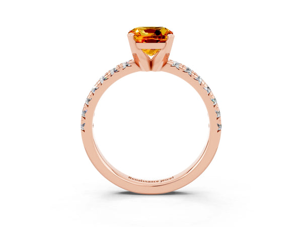 Rose gold Cushion Cut Citrine Solitaire Pavé Engagement Ring with Round Band and Prong Setting