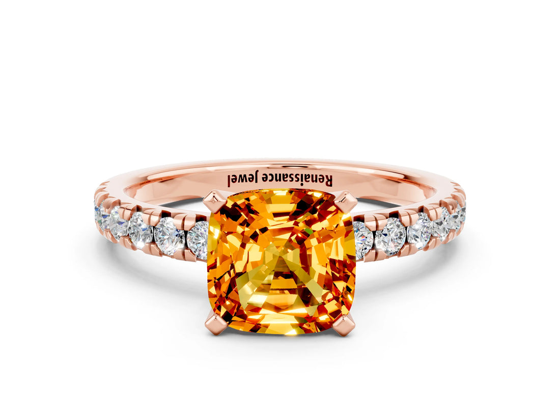 Rose gold Cushion Cut Citrine Solitaire Pavé Engagement Ring with Round Band and Prong Setting_84
