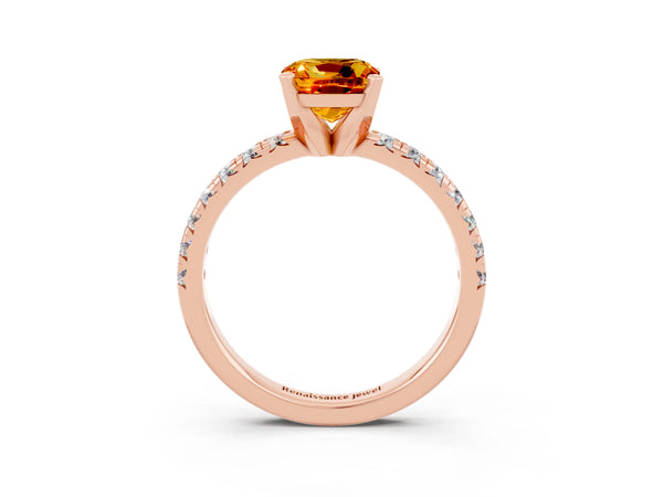 Rose gold Cushion Cut Citrine Solitaire Pavé Engagement Ring with Round Band and Prong Setting