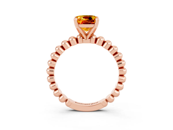 Rose gold Cushion Cut Citrine Solitaire Ring with Beaded Band and Prong Setting