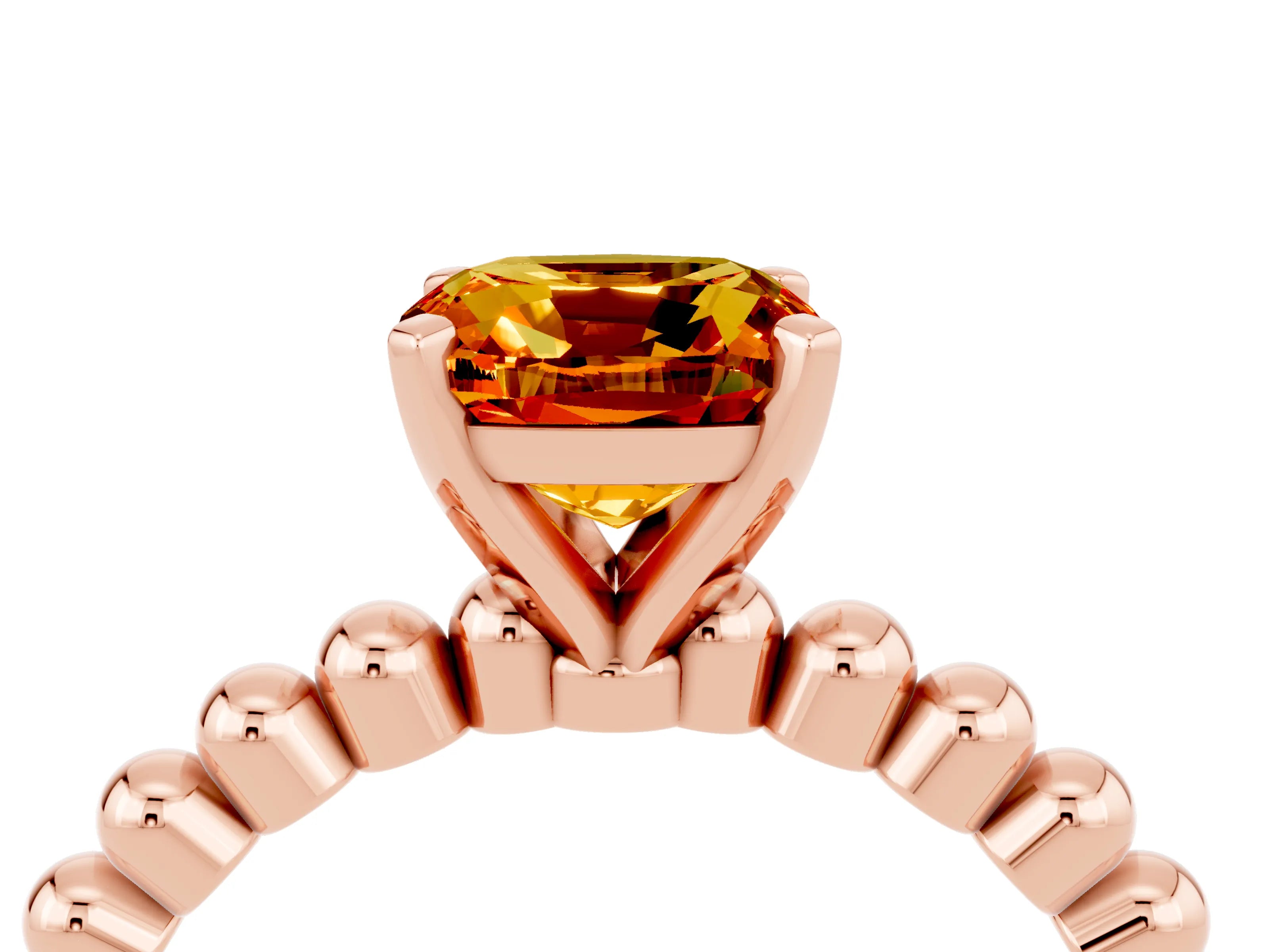 Rose gold Cushion Cut Citrine Solitaire Ring with Beaded Band and Prong Setting_4