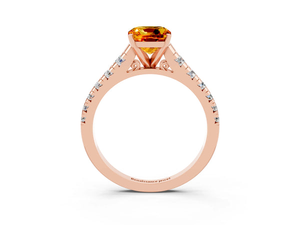 Rose gold Cushion Cut Citrine Cathedral Solitaire Ring with Round  Pavé Band