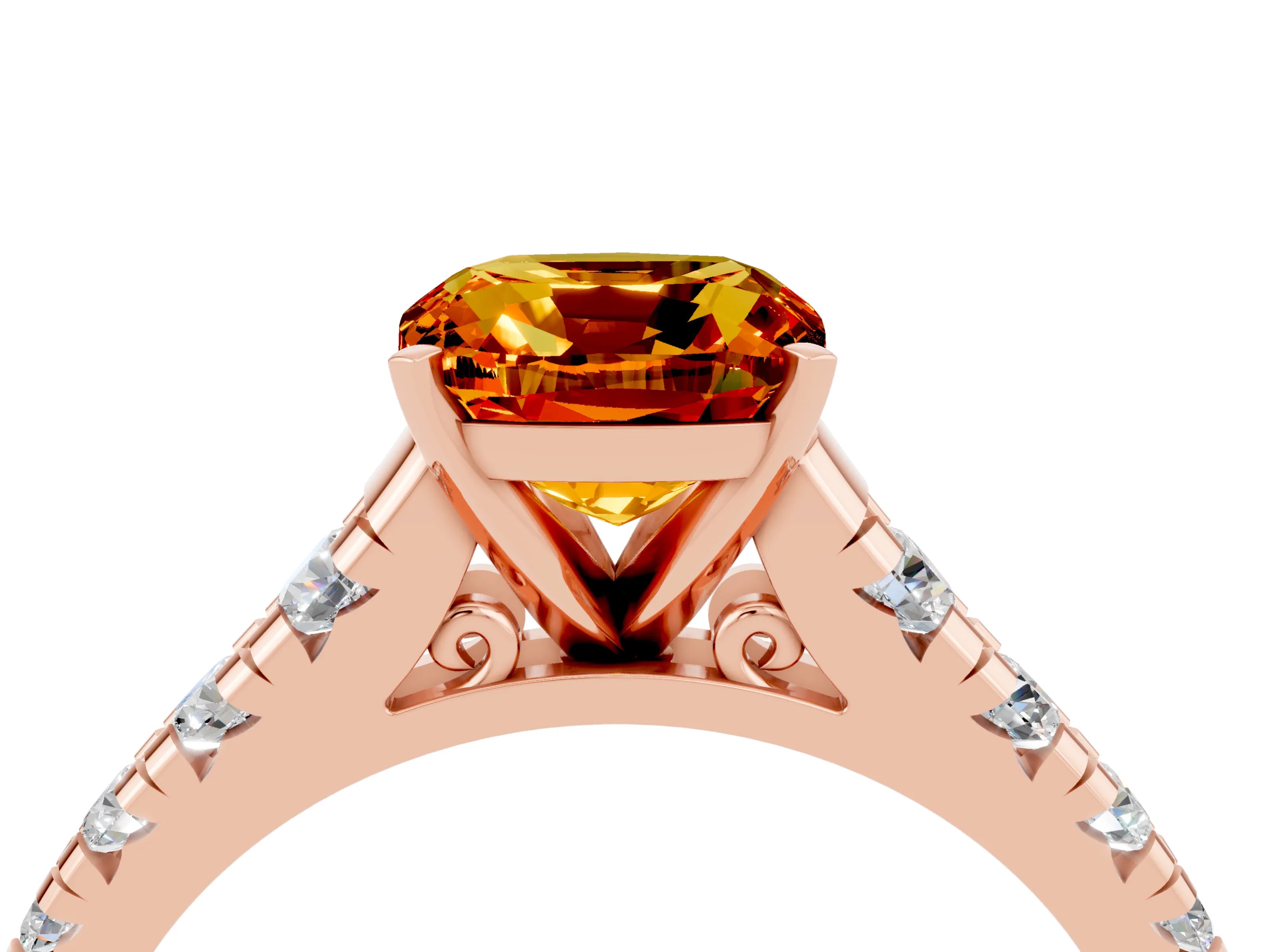 Rose gold Cushion Cut Citrine Solitaire Ring with Cathedral Setting and Pavé Band_4