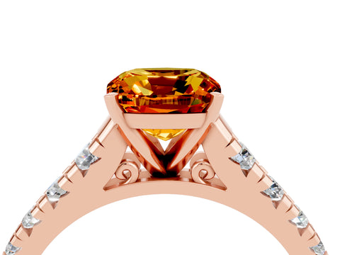 Rose gold Cushion Cut Citrine Solitaire Ring with Cathedral Setting and Pavé Band_4