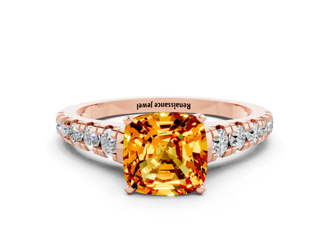 Rose gold Cushion Cut Citrine Solitaire Ring with Cathedral Setting and Pavé Band