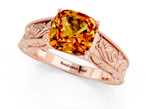 Rose gold Cushion Cut Citrine Solitaire Ring with Engraved Band and Four-Prong Setting_1