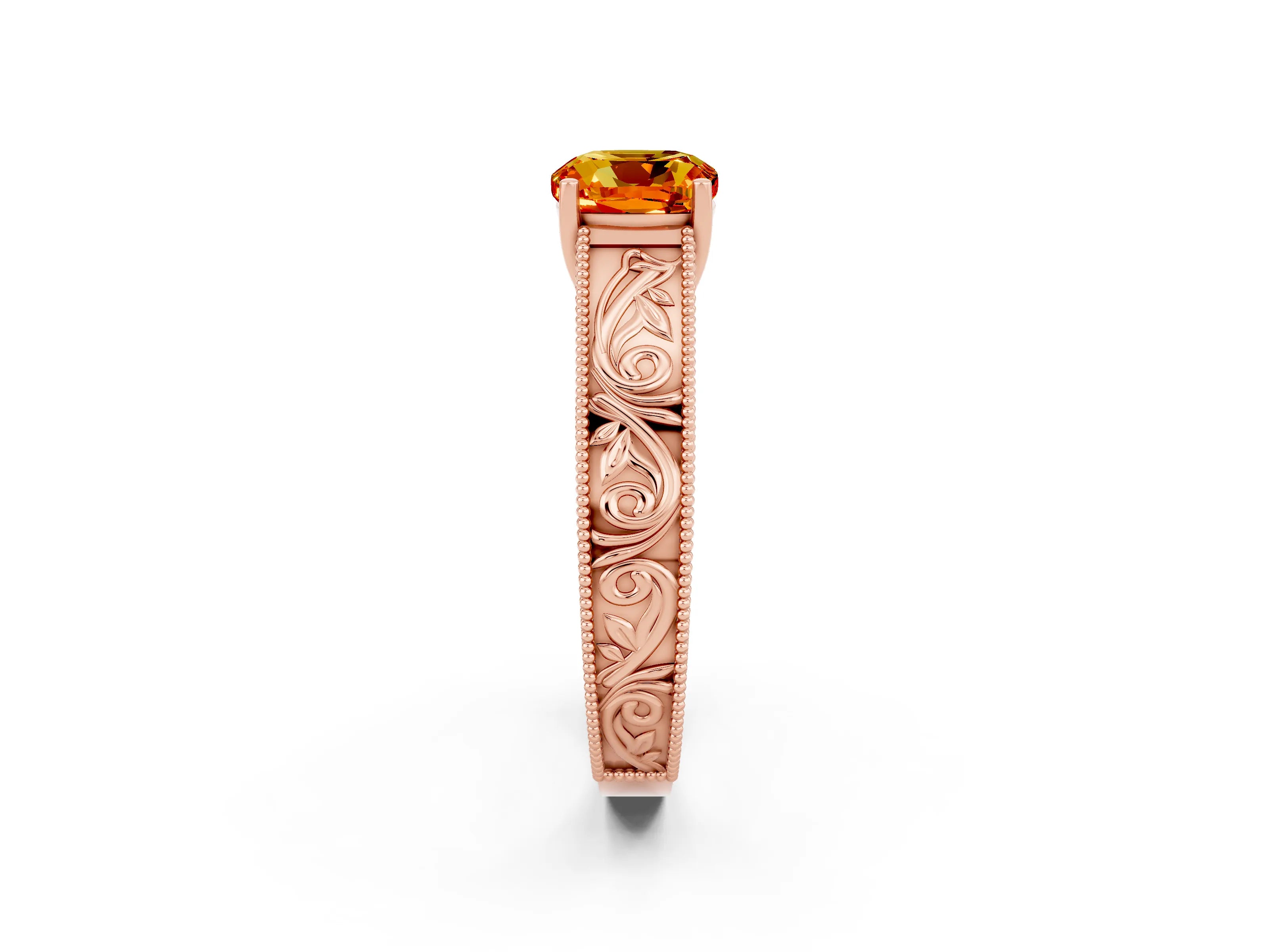 Rose gold Cushion Cut Citrine Solitaire Ring with Engraved Band and Four-Prong Setting_2