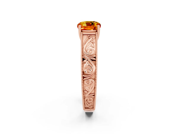 Rose gold Cushion Cut Citrine Solitaire Ring with Engraved Band and Four-Prong Setting