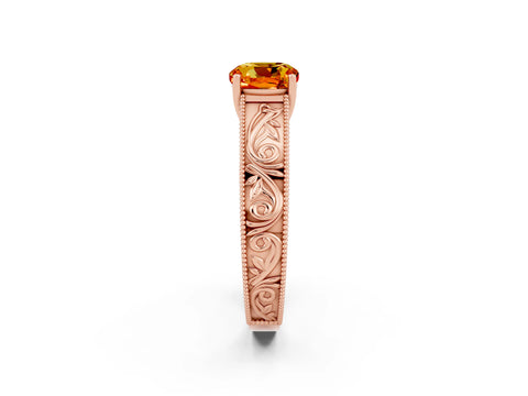 Rose gold Cushion Cut Citrine Solitaire Ring with Engraved Band and Four-Prong Setting_2