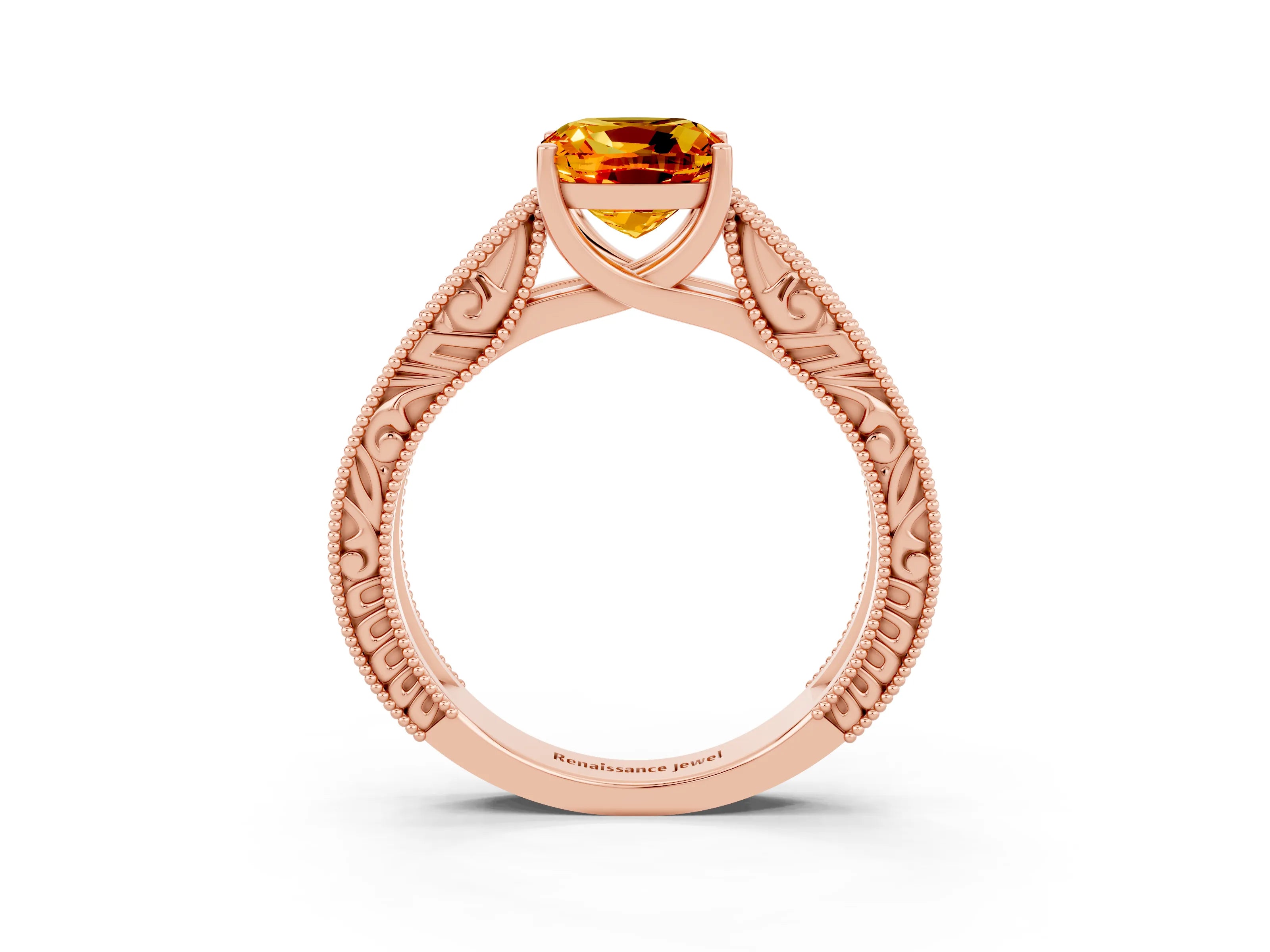 Rose gold Cushion Cut Citrine Solitaire Ring with Engraved Band and Four-Prong Setting_3