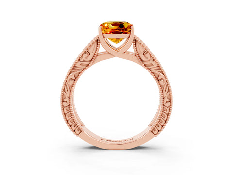 Rose gold Cushion Cut Citrine Solitaire Ring with Engraved Band and Four-Prong Setting_3