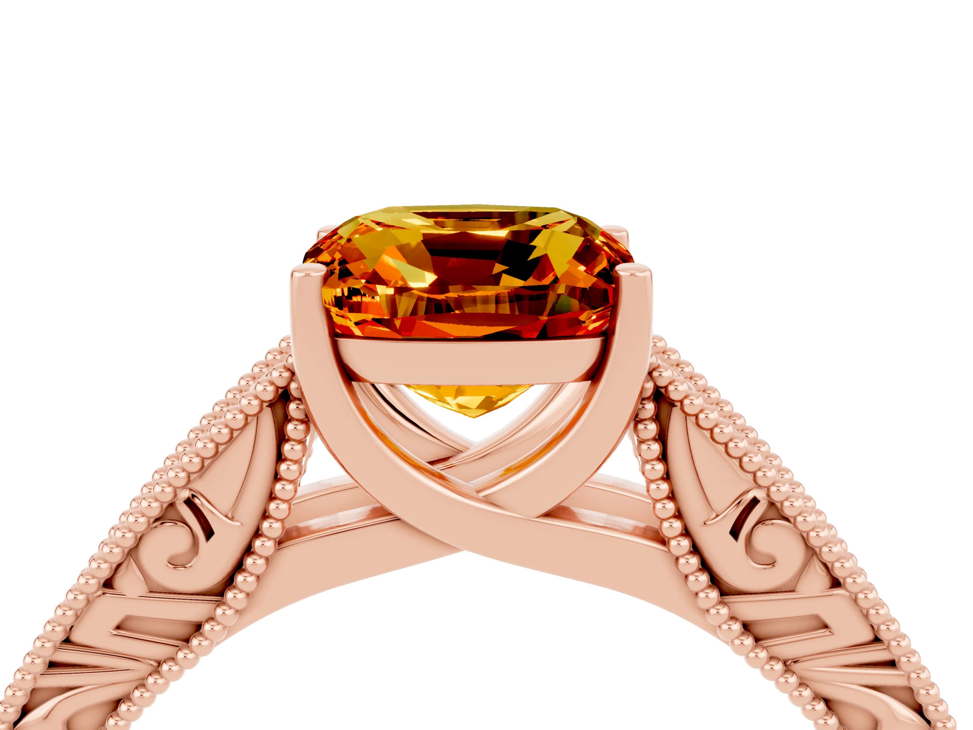 Rose gold Cushion Cut Citrine Solitaire Ring with Engraved Band and Four-Prong Setting_4